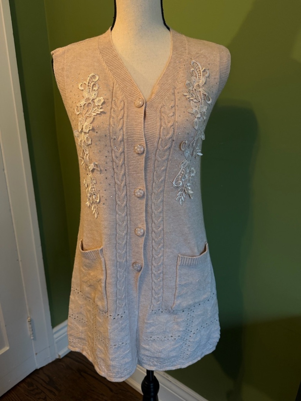 Cream Sleeveless  Knit Button-Front Sweater Vest dress with Floral Embroidery